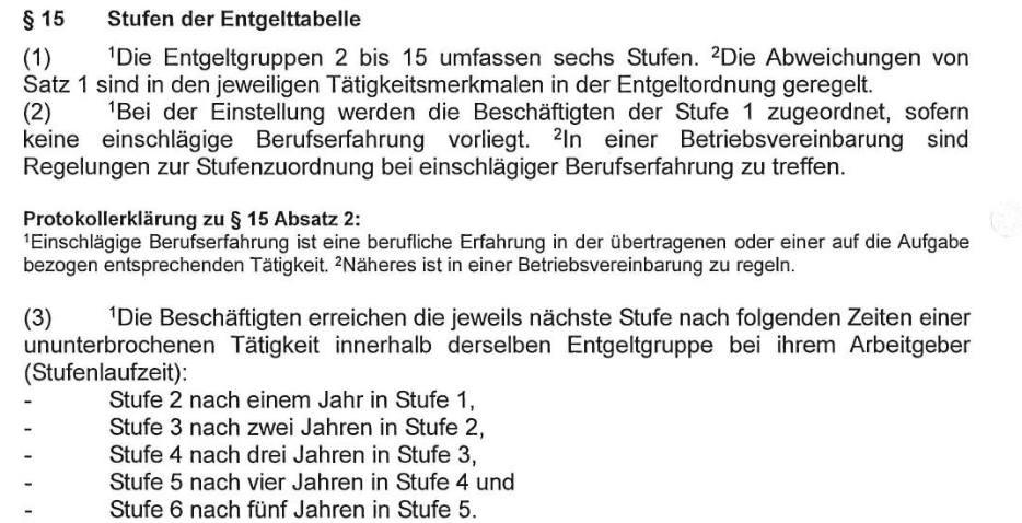 Ein Abschnitt über die Stufen der Entgeltgruppe 2 bis 15, einschließlich Vorschriften zur Einstufung von Beschäftigten und der erforderlichen Berufserfahrung.